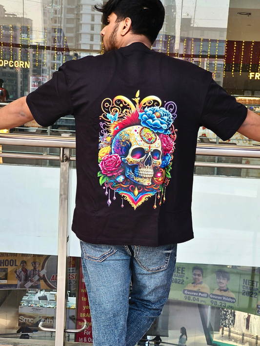 Vibrant Floral Skull Back Print Heavyweight Black Oversized T-Shirt Fanime Creation